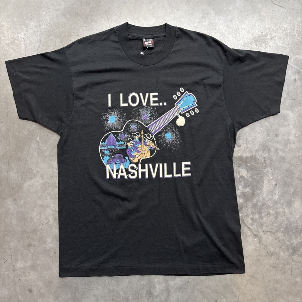 I Love Nashville FOTL Best Vintage Shirt Men XL Black Guitar Music 90s Single